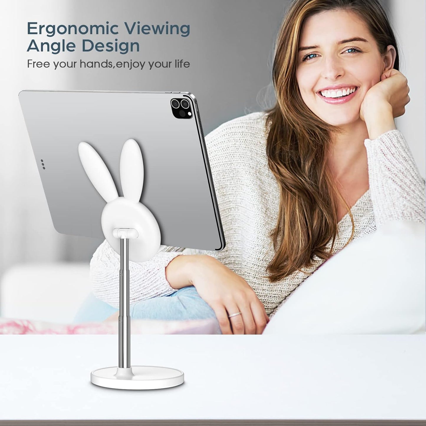 Adjustable Cute Bunny Phone Stand for Desk – Compatible with All Mobile Phones & Tablets (4-10in) - White