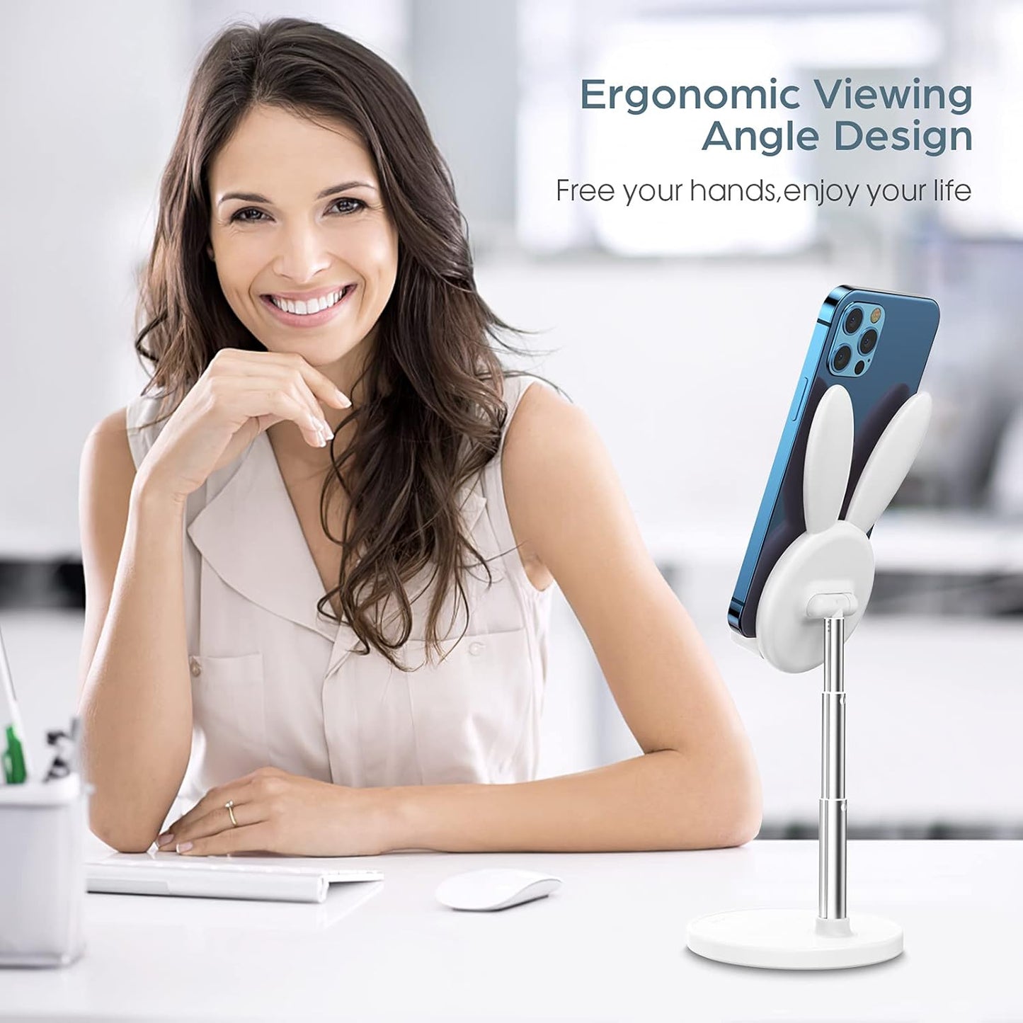 Adjustable Cute Bunny Phone Stand for Desk – Compatible with All Mobile Phones & Tablets (4-10in) - White