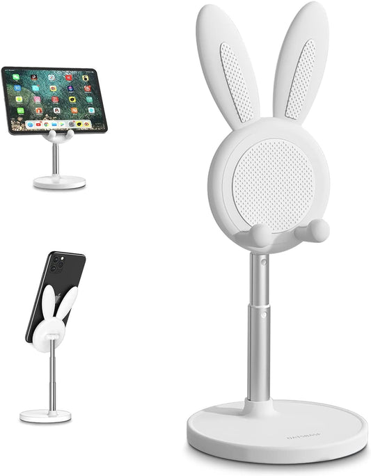 Adjustable Cute Bunny Phone Stand for Desk – Compatible with All Mobile Phones & Tablets (4-10in) - White